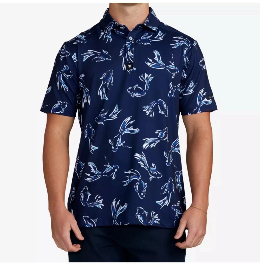Bad Birdie Polo Shirt Mens 2XL Blue Koi Fish AOP Print Golf Performance Shallows